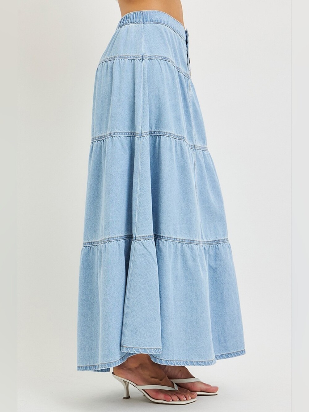 RISEN Light Wash Tiered Maxi Skirt Button Elastic Pull On Cotton Various NEW - Picture 4 of 6